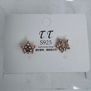 Rose Gold Star Stud Earrings Clear Crystal Celestial Glam Chic Sterling Silver‎